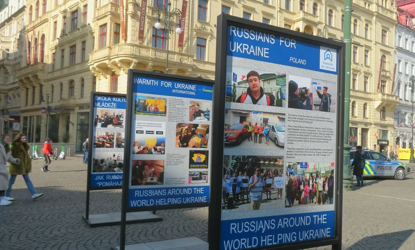 Panels show how Russians are supporting Ukraine. Photo: Raymond Johnston