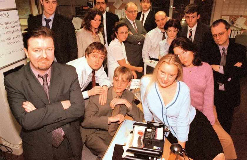 Brian Stewart a.k.a. Ben Bradshaw in 'The Office,' far right with arms folded. Photo: BBC, IMDB.Com