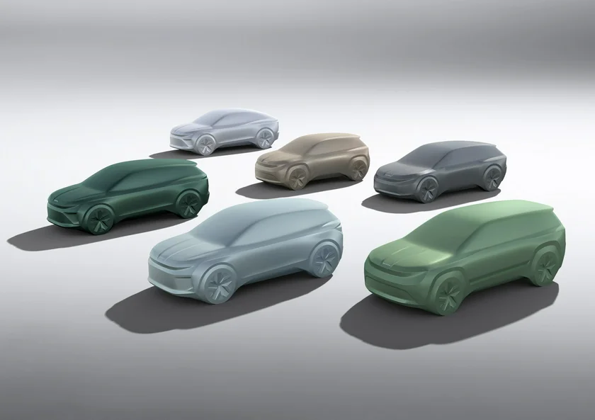 Outlines of the six new electric cars plus the remodeled Combi. Photo: Škoda Auto