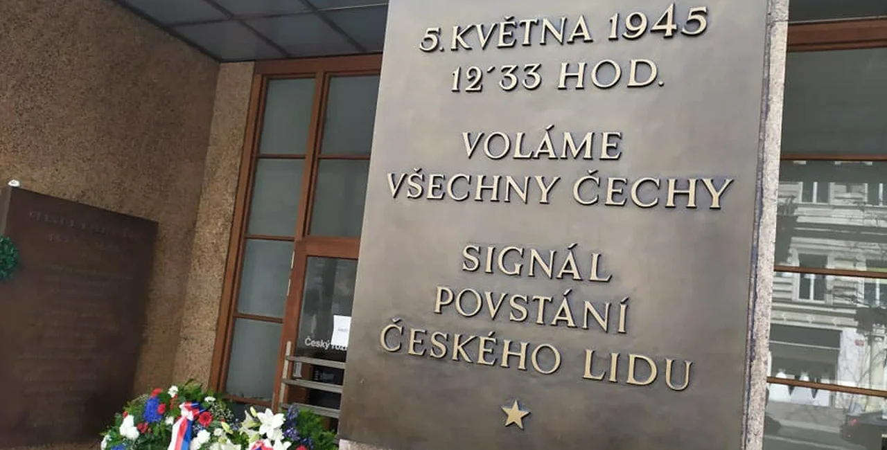 Memorial plaque at the Czech Radio building. Photo: Raymond Johnston