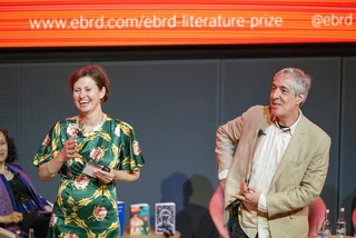 Bianca Bellová and translator Alex Zucker on stage to accept the EBRD award. Photo: Twitter / The EBRD