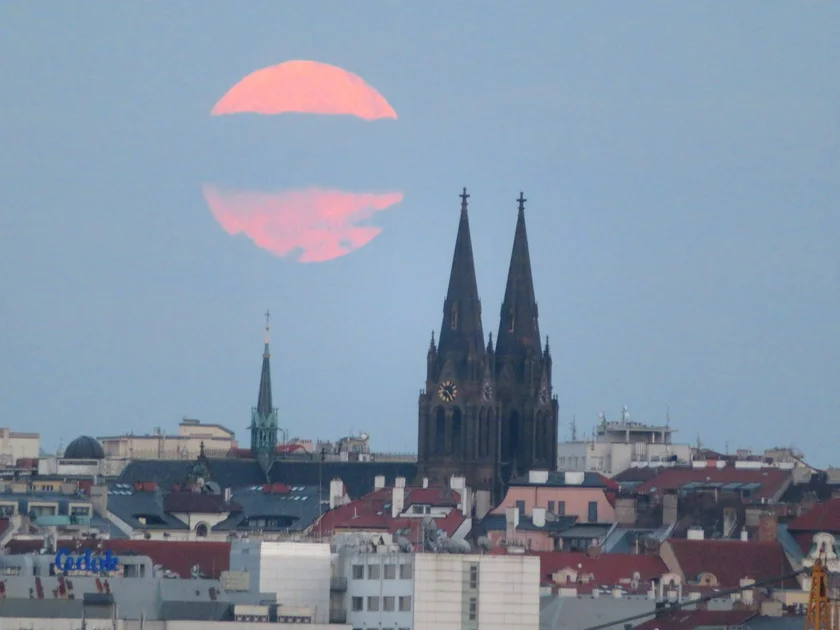 Moon rising over náměstí Míru on July 2. Photo: Raymond Johnston
