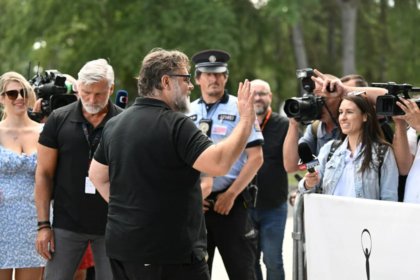 Russell Crowe greets his fans. Photo: Raymond Johnston