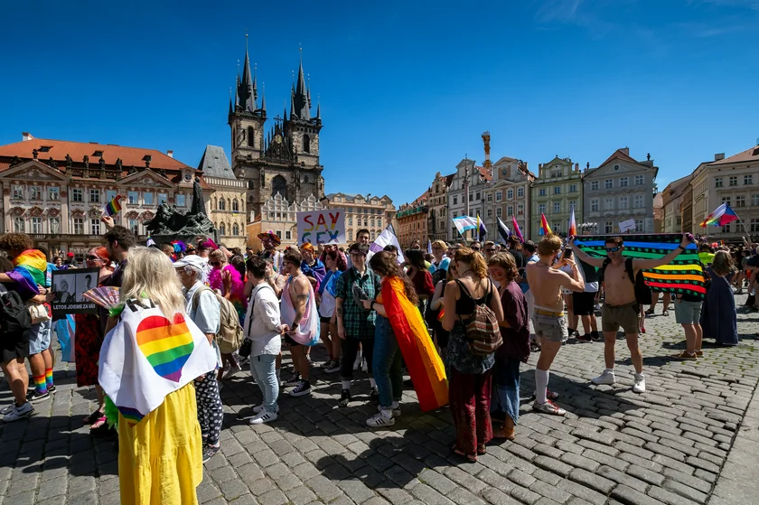 Many also walked through Old Town square with pro-LGBTQ+ messages. Photo: