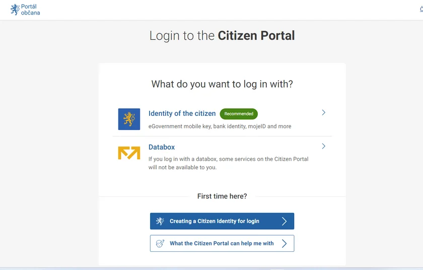 The log-in page of the updated site. (Photo: portal.gov.cz)