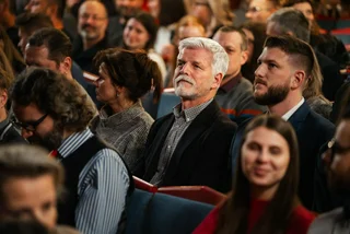 President Pavel attends classic Czech Cimrman play with his son