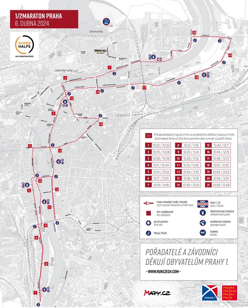 The route of the 2024 Prague Half Marathon (Photo: RunCzech in association with the City of Prague)