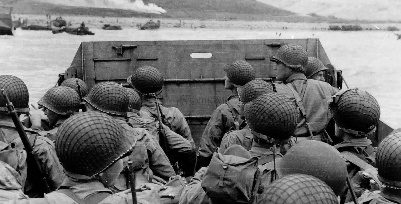 U.S. assault troops in an LCVP landing craft approach Omaha Beach, June 6,1944. Public domain.