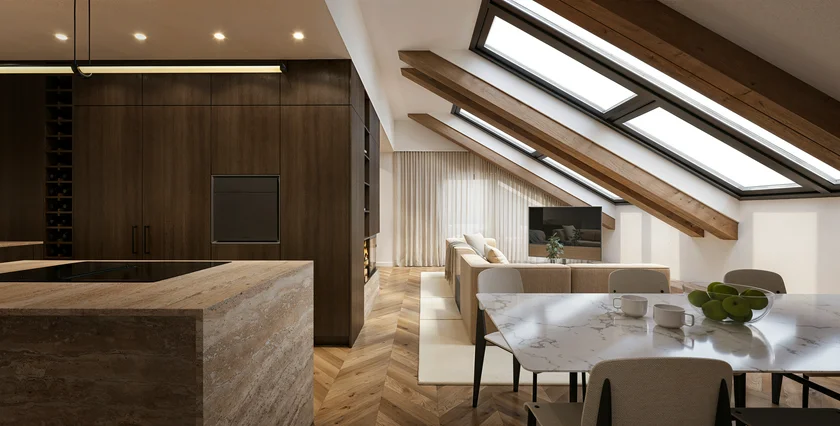 RINT Rezidence Královská 01-2026 mezonet obývák + kuchyň