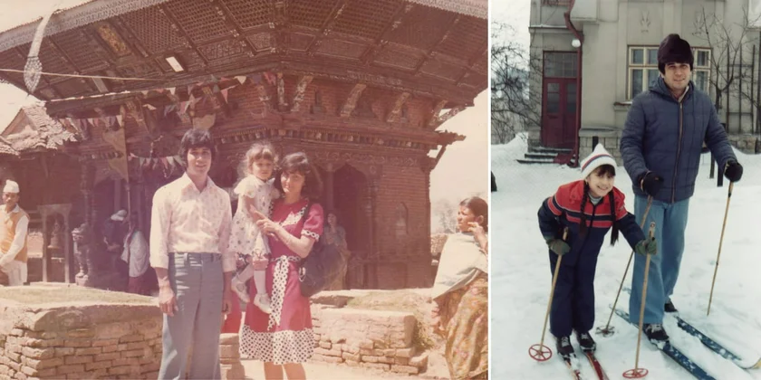 Author Sangita Shresthova as a baby in Patan in the 1980s and skiing with her father in rural Czechoslovakia. Photos: Sangita Shresthova.