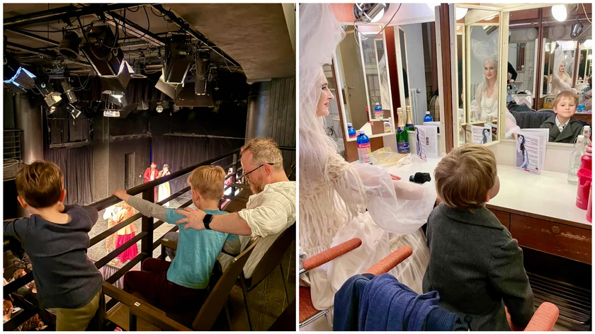 A family affair at the Estates Theatre: Jessica Boone and her son Rohan backstage during his first year in A Christmas Carol, when he played Young Scrooge alongside his mother as Christmas Past. The following year, Boone, Guy Roberts, and both sons shared the stage together for the first time.