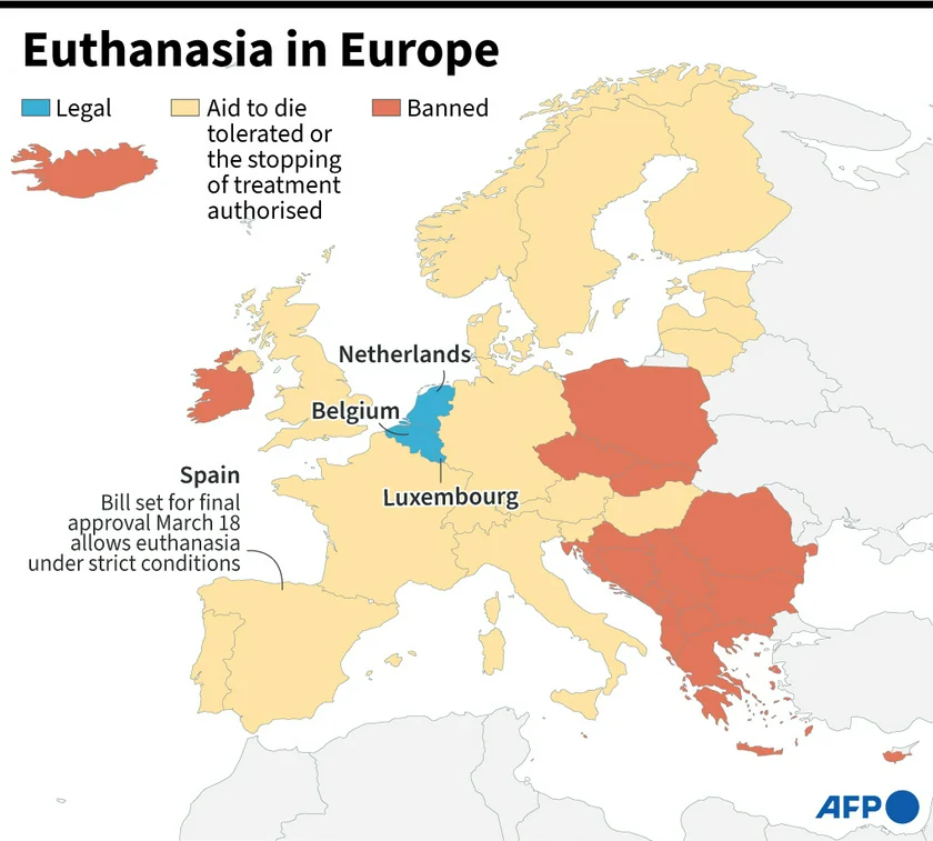 Map showing differences in laws about euthanasia in European countries/AFP