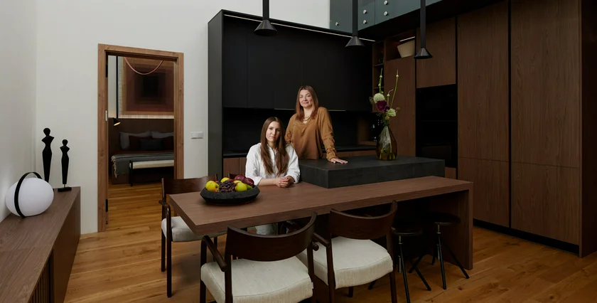 Iryna and Yuliia from Goisan Design Group in a completed home. Project Ascend, 85 sqm loft, Prague 2025. Photo by Jiri Bednar.