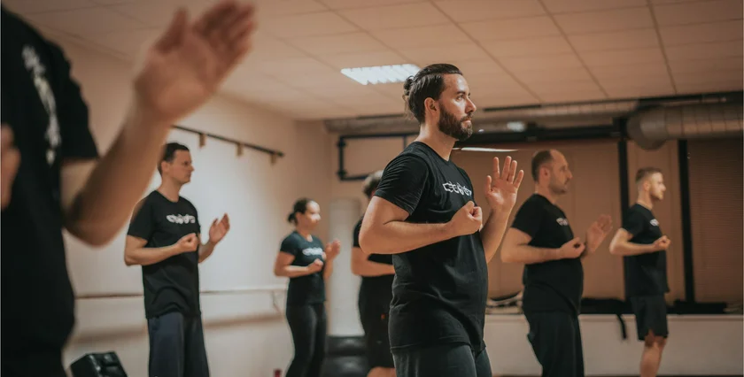 Students practicing first form of Wing Chun - Siu Nim Tao
