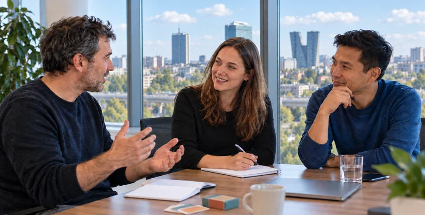 Two students take part in a relaxed, interactive Czech lesson in a modern Prague office, with learning cards on the table and the distinctive Pankrác skyline in the background.