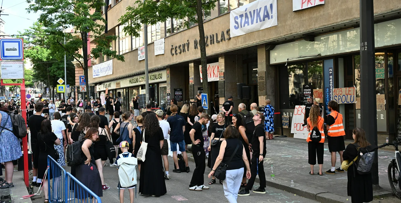 People gather outside Czech Radio headquarters during a strike supporting the independence of public service broadcasting. Prague, Czech Republic, June 22, 2026. Photo: