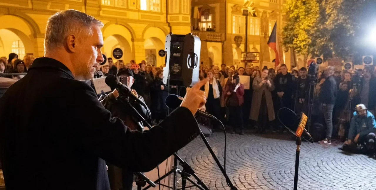 Pirate leader Zdeněk Hřib speaks at a Prague protest on Oct. 23. Photo: Facebook / Zdeněk Hřib - předseda Pirátů﻿