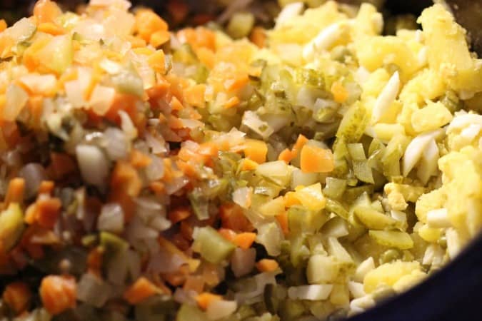 Close up of diced pickled vegetables