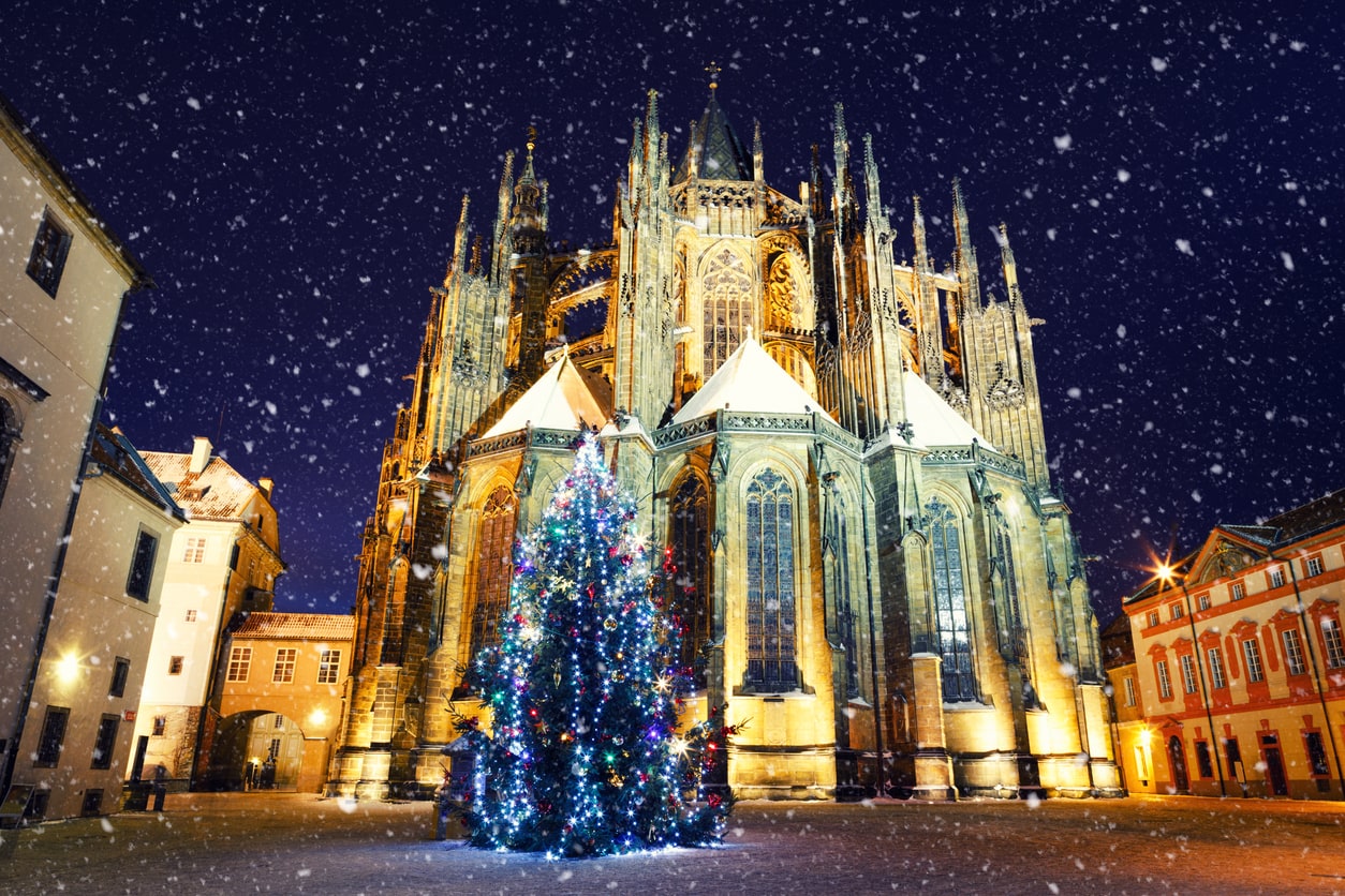 Christmas tree in front of St. Vitus Cathedral inside the Prague Castle grounds.