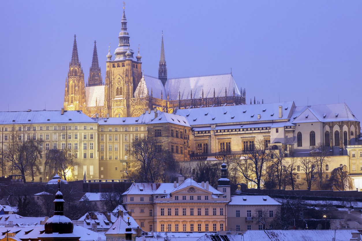 Prague Castle and St. Vitus Cathedral with a light dusting of snow.