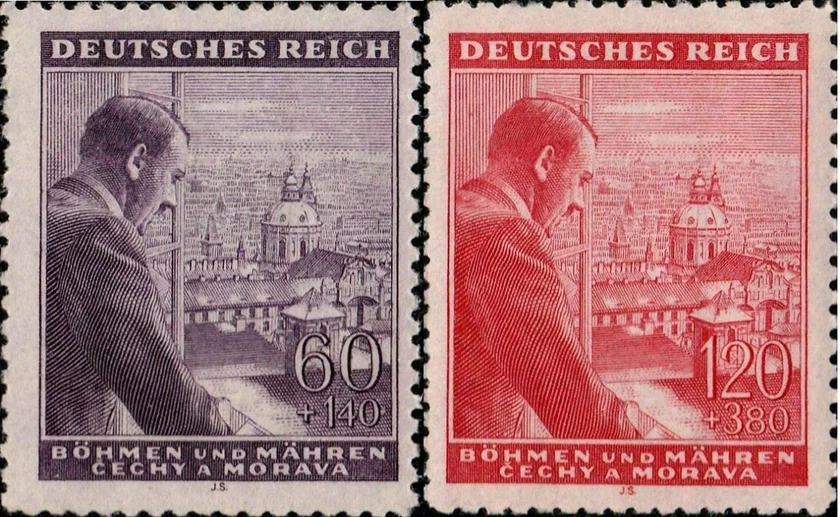 Two stamps featuring Adolf Hitler in Prague Castle. (Public domain)